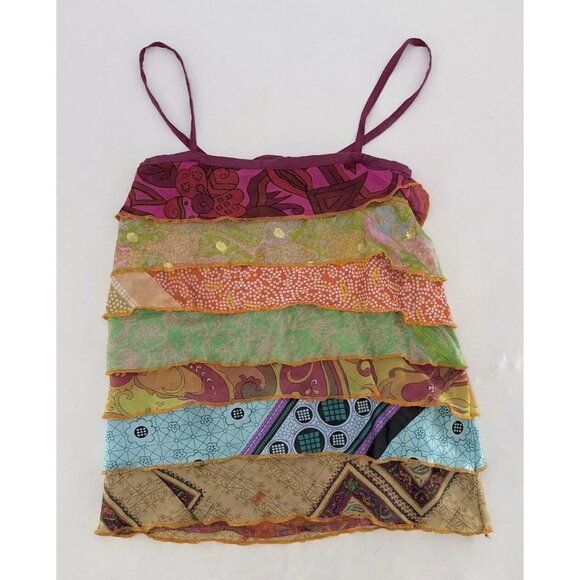 Silly Yeti 100% Silk Tiered Boho  Tie Back Sleeveless Blouse See Measurements - Picture 1 of 9